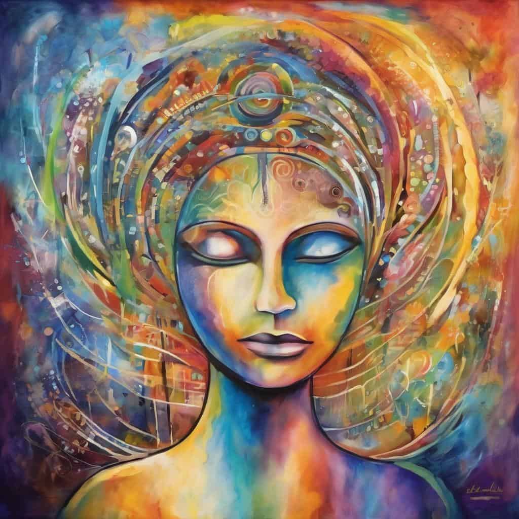 Ομορφιά και αλλαγή σε αφηρημένο πίνακα με πολύχρωμες αποχρώσεις και καλλιτεχνική σύνθεση.