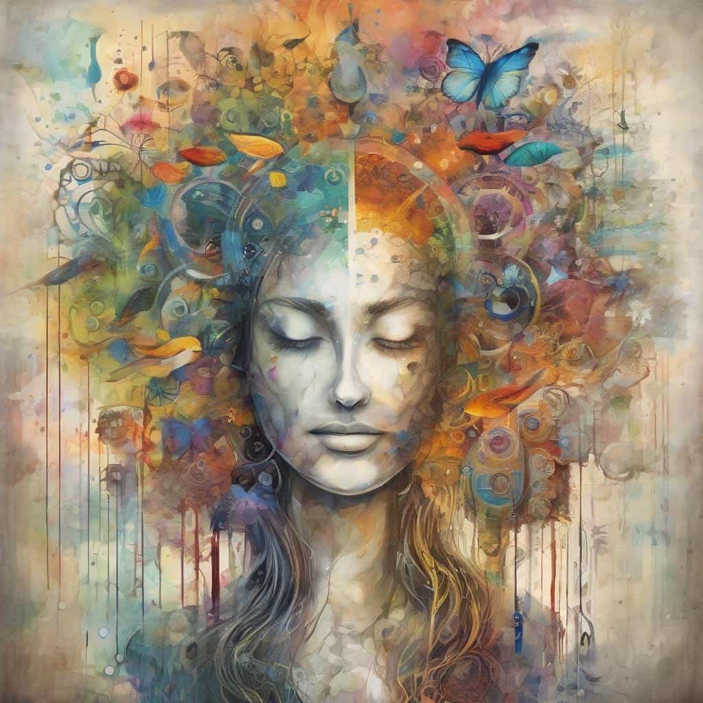 Αιθέρια γυναικεία μορφή με πολύχρωμα φτερά και μοτίβα, σύγχρονη τέχνη, έκφραση ελευθερίας και αλλαγής, πίνακας σε νεοκλασικό ύφος.