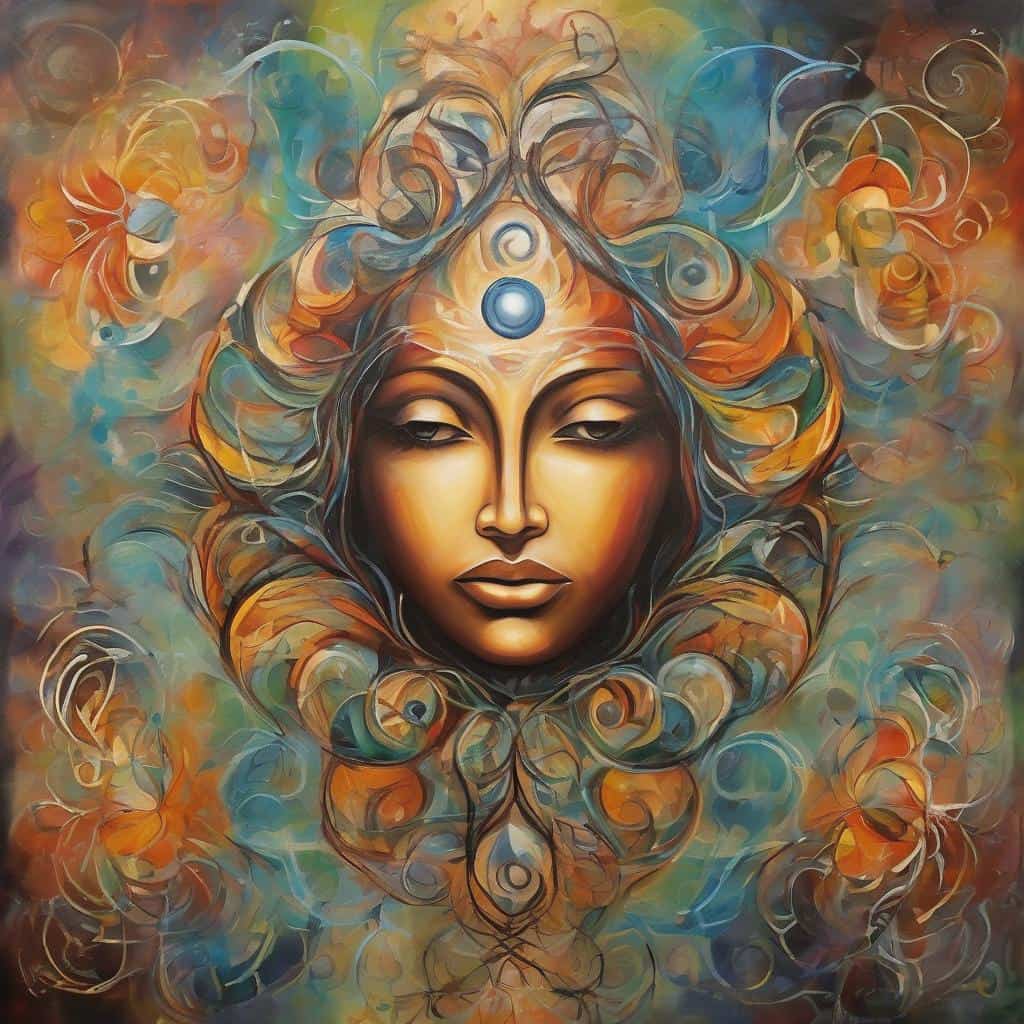 Ανδρόγυνη μορφή σε αφηρημένο, πολύχρωμο στυλ τέχνης με κυκλικές λεπτομέρειες και γυναικεία έκφραση.