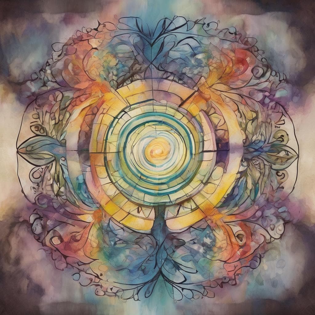 Ασπρόμαυρα και χρωματιστά ζωγραφικά στοιχεία με κεντρικές κυκλικές γραμμές και φυτικά μοτίβα, αντιπροσωπεύοντας την αλλαγή ως ευκαιρία.