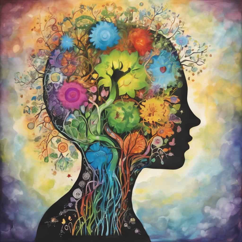 Ανθρώπινος εγκέφαλος με πολύχρωμα μοτίβα και φύλλα, συμβολίζει τη σκέψη και την αλλαγή.