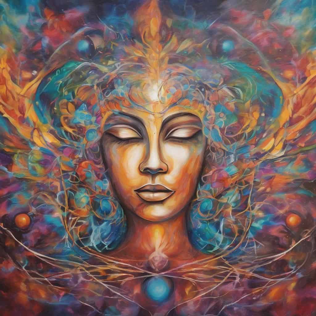 Αποκλειστικό έργο τέχνης με φεμινική φιγούρα και πολύχρωμα αφηρημένα στοιχεία, αποπνέει εσωτερική γαλήνη και αυτοέκφραση.